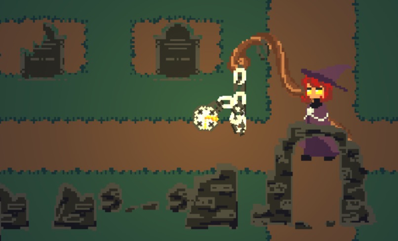 A witch standing in a graveyard, drawn in pixel art